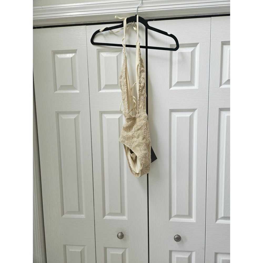 Nightcap Swimwear Cream Crochet Lace One Piece Halter Swimsuit NWT Medium